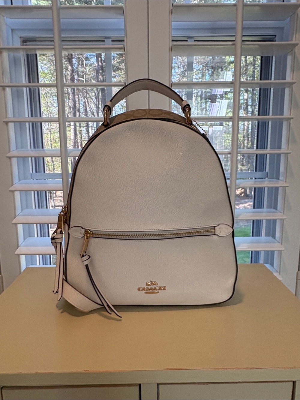 Coach Jordyn Backpack in Chalk Pebble Leather, Signature Logo and  Gold Hardware